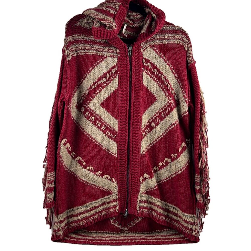 Free People Show Me The Way Red South Western Aztec Fringe Zippered Sweater